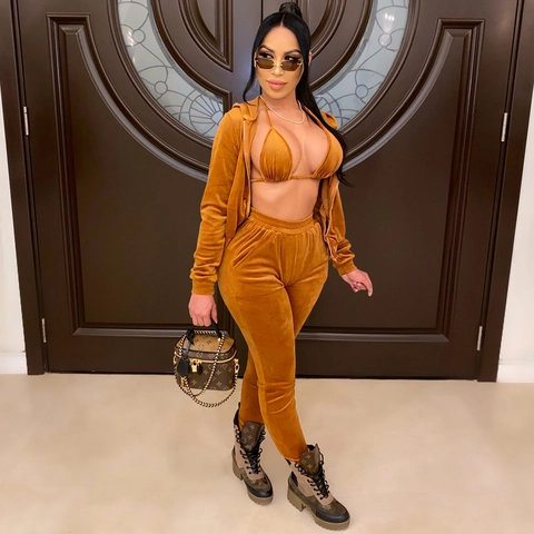 Women Velvet Tracksuit Hooded Zipper Jacket Bikini Top And Jogger Pants Casual Slim Fit Sporty Autumn Winter Jogging Outfits