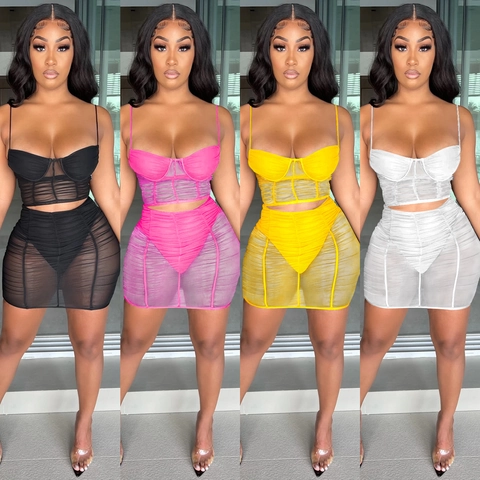 Sexy Mesh Ruched Skirt Outfit For Women Cami Corset Top And Bodycon Mini Skirt Solid Color Summer Club Party Outfits