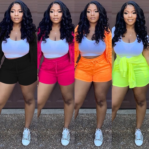 Women Casual 3 Piece Sport Set Hooded Zipper Jacket Slim Fit Crop Vest Drawstring Shorts Solid Color Activewear