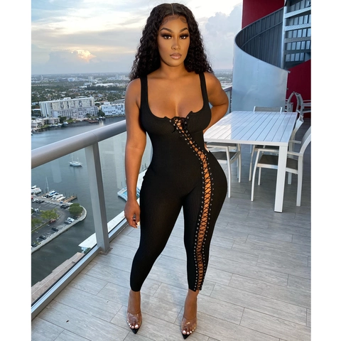 Damen Sexy Schnürung Hollow Out Jumpsuit Ärmellos Gerippt Strick Skinny Bodycon Langer Romper Für Sommer Party Clubwear