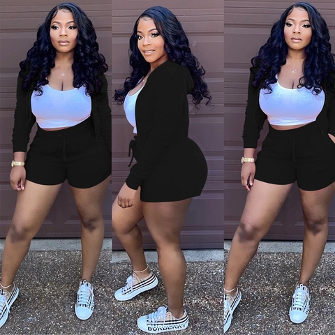 Women Casual 3 Piece Sport Set Hooded Zipper Jacket Slim Fit Crop Vest Drawstring Shorts Solid Color Activewear