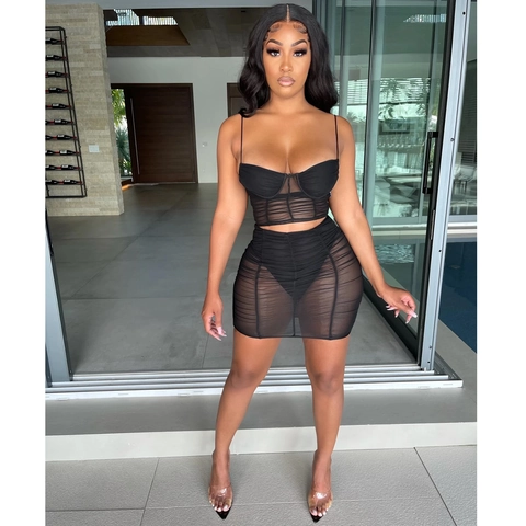 Sexy Mesh Ruched Skirt Outfit For Women Cami Corset Top And Bodycon Mini Skirt Solid Color Summer Club Party Outfits
