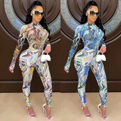 Ensemble Pantalon Femme Sexy Imprimé Marbre Maille Transparente Haut Col Rond Manches Longues Et Pantalon Taille Haute