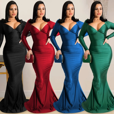 Women Elegant Deep V Neck Long Sleeve Backless Mermaid Evening Dress Ruched Satin Formal Party Maxi Fishtail Gown