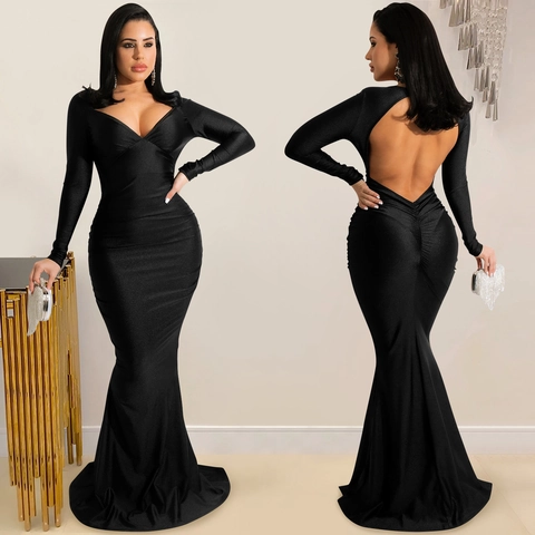Women Elegant Deep V Neck Long Sleeve Backless Mermaid Evening Dress Ruched Satin Formal Party Maxi Fishtail Gown