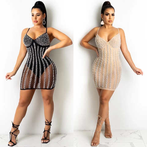 Women Sexy Mesh Perspective Bodycon Mini Dress Rhinestone Artificial Pearl Embellished V Neck Spaghetti Strap Party Clubwear Slim Fit
