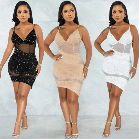 Γυναικείο Σέξι Πλέγμα Patchwork Στρας Λαιμόκοψη V Bodycon Μίνι Φόρεμα Spaghetti Λουράκι Νυχτερινό Κλαμπ Πάρτι Βραδινό Φόρεμα