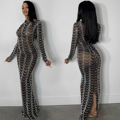 Sexy Mesh Transparentes Strass Maxi Kleid Für Damen Elegant Langarm Slim Fit Club Party Abendkleid Langes Kleid