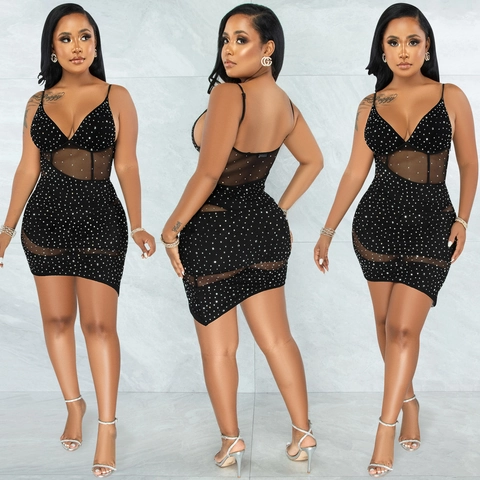 Γυναικείο Σέξι Πλέγμα Patchwork Στρας Λαιμόκοψη V Bodycon Μίνι Φόρεμα Spaghetti Λουράκι Νυχτερινό Κλαμπ Πάρτι Βραδινό Φόρεμα