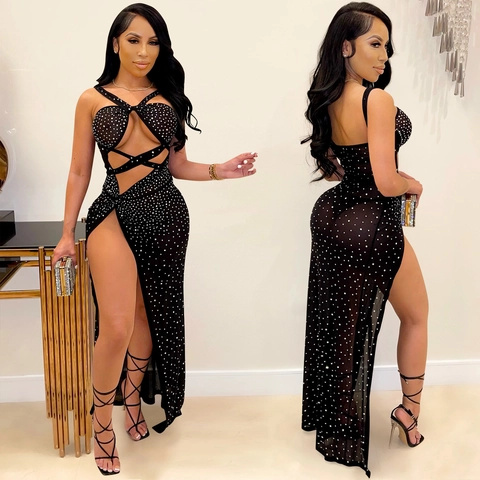 Women Sexy Mesh Rhinestone Cut Out Maxi Dress Halter Backless High Slit Bodycon Nightclub Party Evening Dress