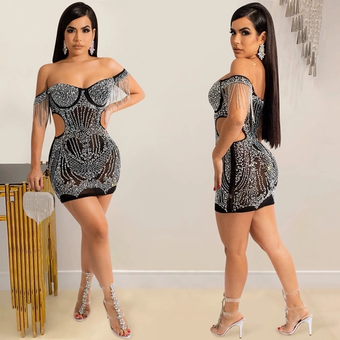 Vestido Mini Sexy de Malla para Mujer con Diamantes de Imitación Ajustado Hombros Descubiertos Calado Borla Fiesta