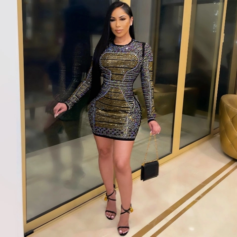 Women's Sexy Rhinestone Long Sleeve Bodycon Mini Dress Geometric Glitter Party Club Round Neck Nightgown Evening Dress