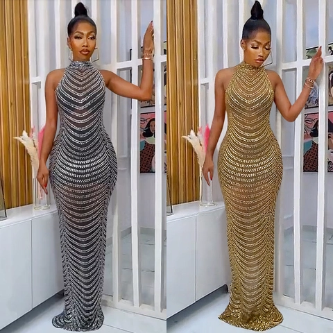 Elegante Halter Open Rug Avondjurk Maxi Mesh Hot Fix Strass Pailletten Zeemeermin Lange Feestjurk Sexy Bodycon Banquet Gown