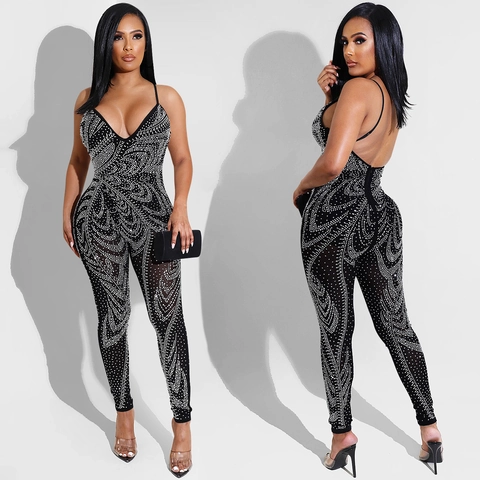 Damen Sexy V-Ausschnitt Strass Jumpsuit Ärmellos Rückenfrei Mesh Slim Fit Nachtclub Party Schwarz Gold Silber Overall Lange Hose