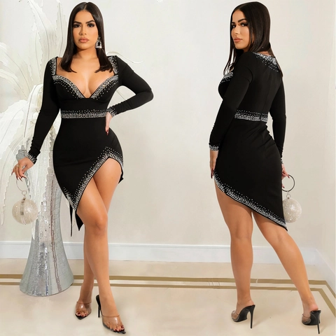 Sexy V Neck Long Sleeve Bodycon Dress Rhinestone Asymmetrical Split Party Nightclub Slim Fit Fashion Elegant Midi Dress