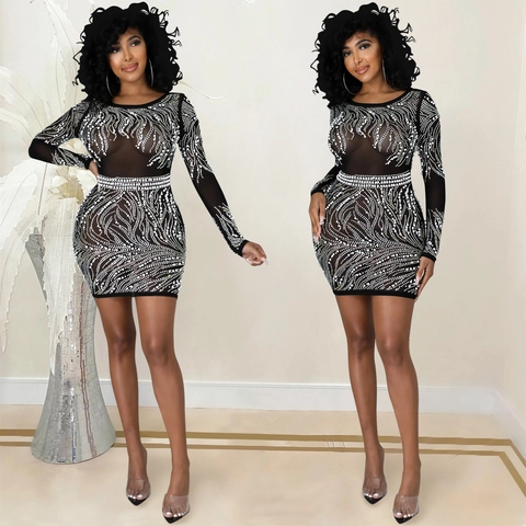 Vestido Mini Ajustado Sexy de Malla Transparente con Manga Larga para Mujer Diamantes Perla Artificial Espalda Descubierta Club Fiesta
