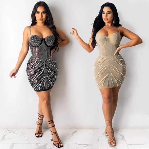Women Sexy Rhinestone Faux Artificial Pearl Bodycon Mini Dress Heart Neck Strappy Evening Party Club Dress