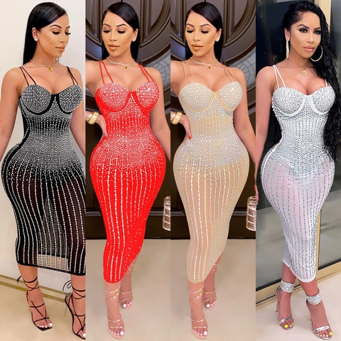 Women Sexy Rhinestone Mesh See Through Midi Dress Spaghetti Strap Bodycon Party Nightclub Evening Banquet Formal Dress