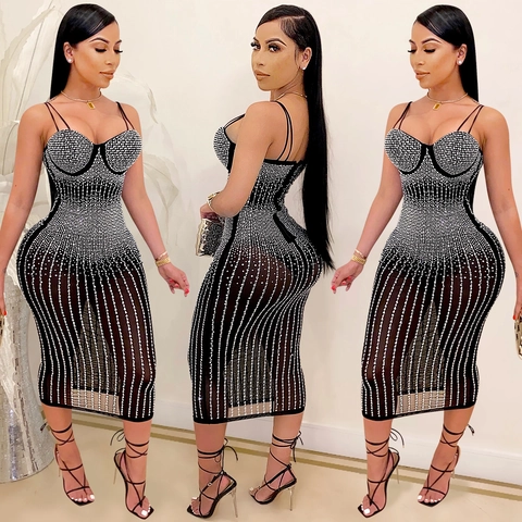 Women Sexy Rhinestone Mesh See Through Midi Dress Spaghetti Strap Bodycon Party Nightclub Evening Banquet Formal Dress