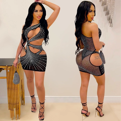 Damen Sexy Einschultrig Ausschnitt Netz Strass Mini Kleid Bodycon Nachtclub Party Kurzes Kleid