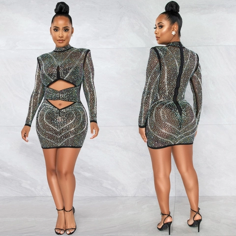 Robe Mini Sexy Nightclub en Maille avec Strass pour Femmes Col Montant Découpe Moulante Fête Soirée Robe Scintillante
