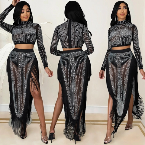 Ensemble Deux Pièces Femme Sexy Top en Maille Transparente et Jupe Longue à Glands Strass Col Haut Manches Longues Fête