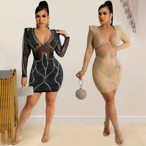 Γυναικείο Sexy Mini Φόρεμα με Στρας και Patchwork Πλέγματος Βαθύ V-λαιμόκοψη Μακρυμάνικο Bodycon Φόρεμα Πάρτι