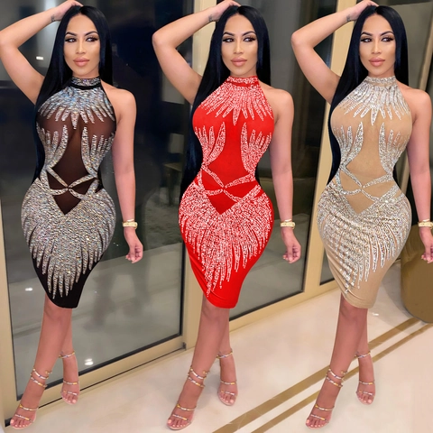 Abito Donna Sexy Allacciato al Collo Schiena Scoperta Aderente Strass Mesh Patchwork Nightclub Party Midi Abito Senza Maniche Abito da Sera