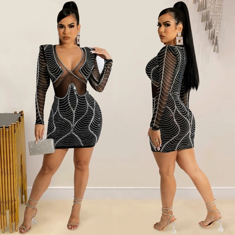 Γυναικείο Sexy Mini Φόρεμα με Στρας και Patchwork Πλέγματος Βαθύ V-λαιμόκοψη Μακρυμάνικο Bodycon Φόρεμα Πάρτι