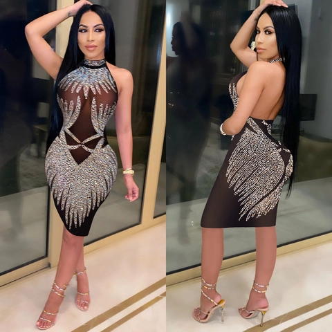 Abito Donna Sexy Allacciato al Collo Schiena Scoperta Aderente Strass Mesh Patchwork Nightclub Party Midi Abito Senza Maniche Abito da Sera
