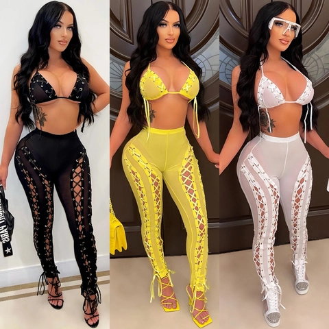 Women Sexy Hollow Out Mesh Top And Pants Halter Bra Lace Up Long Trousers Polyester Spandex Elegant Party Clubwear Outfit