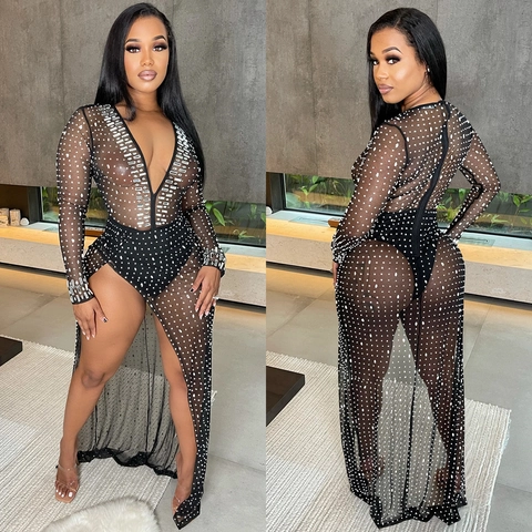 Robe Longue Sexy en Maille Transparente avec Strass pour Femmes Col en V Profond Manches Longues Fente Haute Robe de Soirée