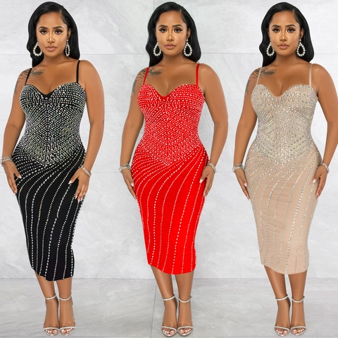Women Sexy Rhinestone Spaghetti Strap Midi Bodycon Dress Glitter Geometric Pattern Evening Party Wedding Guest Dress