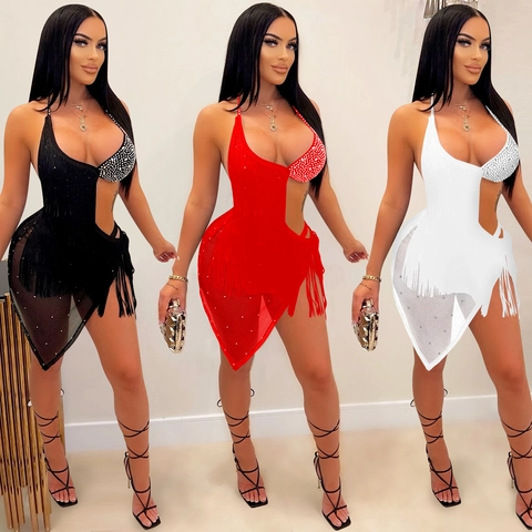 Mujer Sexy Halter Sin Espalda Diamantes De Imitación Flecos Vestido Asimétrico Malla Tassel Mini Vestido Fiesta Discoteca