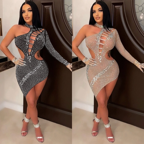 Sexy One Shoulder Strass Midi Kleid Für Damen Mesh Cutout Rückenfrei Asymmetrischer Saum Bodycon Party Clubwear Langarm Kleid