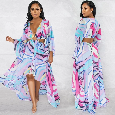 Vestito Donna Scollo a V Ritaglio Stampa Astratta Irregolare Manica Lunga Boho Elegante Maxi Vestito Estate Party