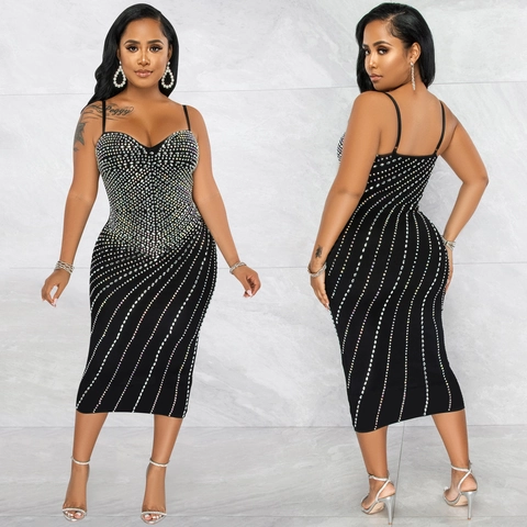 Women Sexy Rhinestone Spaghetti Strap Midi Bodycon Dress Glitter Geometric Pattern Evening Party Wedding Guest Dress