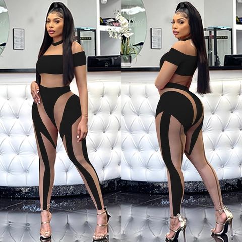 Sexy Women Mesh Splicing Sheer Jumpsuit Polyester Spandex Long Sleeve Top And Bottom Clubwear Nightclub Party Bodycon Outfits