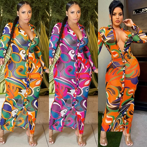 Women Sexy Mesh See-Through Printed V-Neck Long Sleeve Maxi Dress Button Front Abstract Swirl Pattern Slim Fit Dress