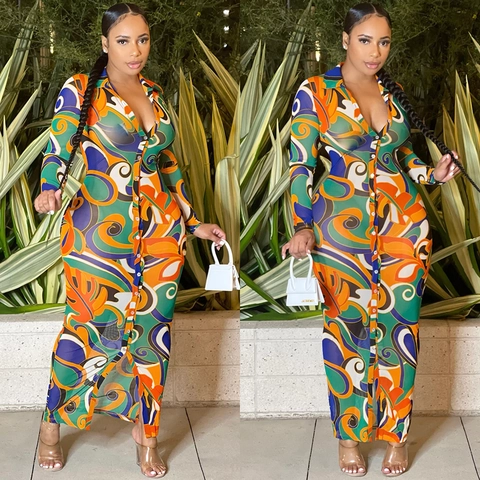Women Sexy Mesh See-Through Printed V-Neck Long Sleeve Maxi Dress Button Front Abstract Swirl Pattern Slim Fit Dress
