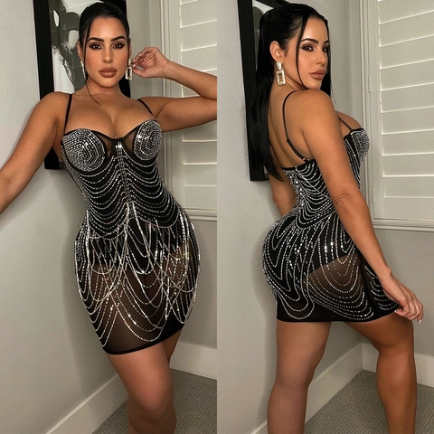 Abito da Donna Sexy con Strass in Mesh con Spalline Sottili Mini Abito da Discoteca Party Bodycon Senza Maniche Slim Fit Trasparente