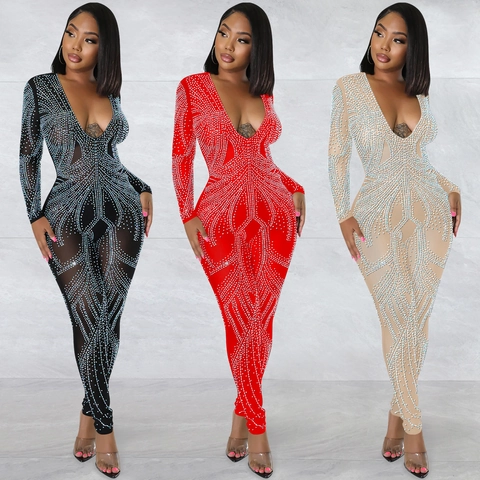 Tuta Intera Donna Sexy in Rete Trasparente Scollo a V Profondo Manica Lunga Bodycon Con Motivo in Strass per Party Club Stage Wear