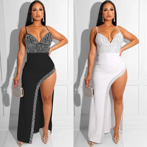 Abito Lungo da Donna Sexy Scollo a V con Strass Spalline Sottili Spacco Alto Orlo Irregolare Senza Maniche per Festa Sera