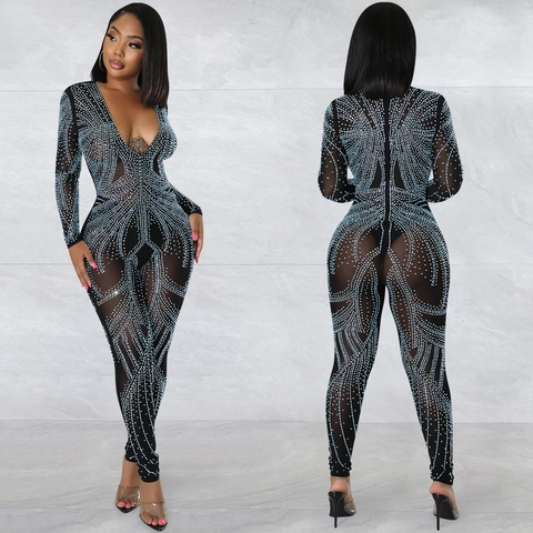Tuta Intera Donna Sexy in Rete Trasparente Scollo a V Profondo Manica Lunga Bodycon Con Motivo in Strass per Party Club Stage Wear