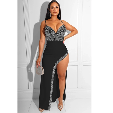 Abito Lungo da Donna Sexy Scollo a V con Strass Spalline Sottili Spacco Alto Orlo Irregolare Senza Maniche per Festa Sera
