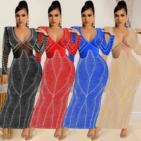 Abito Maxi da Donna Sexy con Scollo a V Strass Mesh Trasparente Maniche Lunghe Aderente Sirena per Festa Serale Nightclub