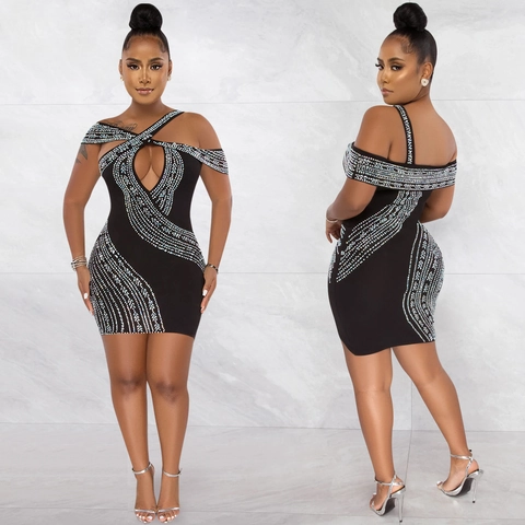 Damen Sexy Strass Halter Ausschnitt Mini Kleid Ärmellos Bodycon Party Nachtclub Slim Fit Mode Strass Kurzes Kleid