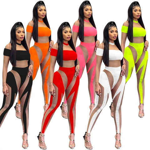 Sexy Women Mesh Splicing Sheer Jumpsuit Polyester Spandex Long Sleeve Top And Bottom Clubwear Nightclub Party Bodycon Outfits
