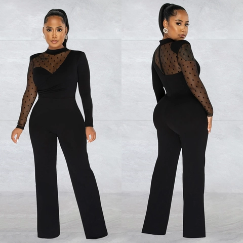 Damen Elegant Polka Dot Mesh Patchwork Jumpsuit Sexy Stehkragen Langarm Weites Bein Overall Einteiler Party Clubwear