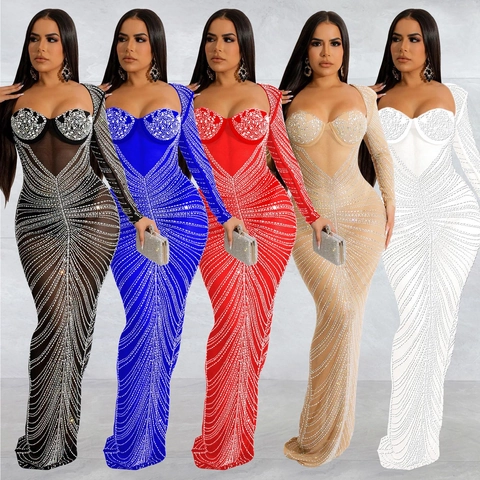 Elegantes Damen Netz Durchsichtiges Strass Bodycon Maxikleid Sexy Rückenfrei Langarm Abendparty Clubwear Kleid